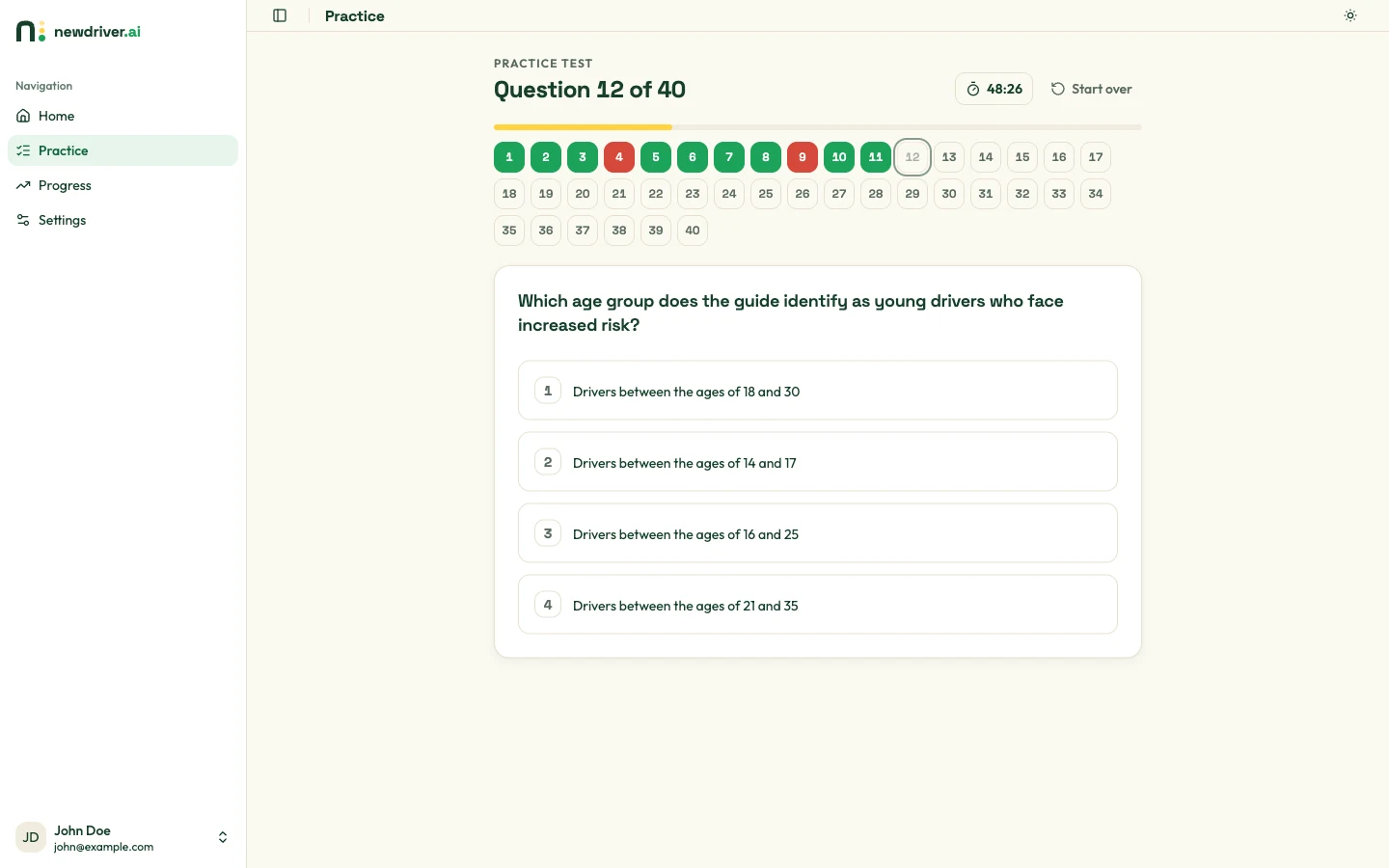 The practice test: question 12 of 40, a map of all 40 questions marking answered ones green or red, a countdown clock, and four answer options.
