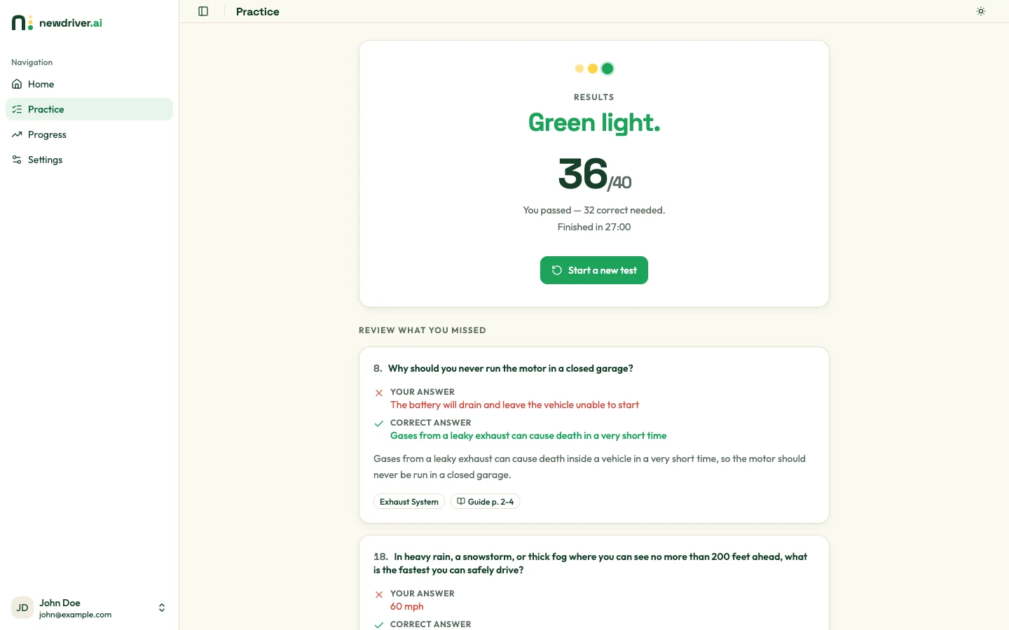 The results screen: a green light with 36 out of 40, above the 32 needed to pass, followed by a review of every missed question.